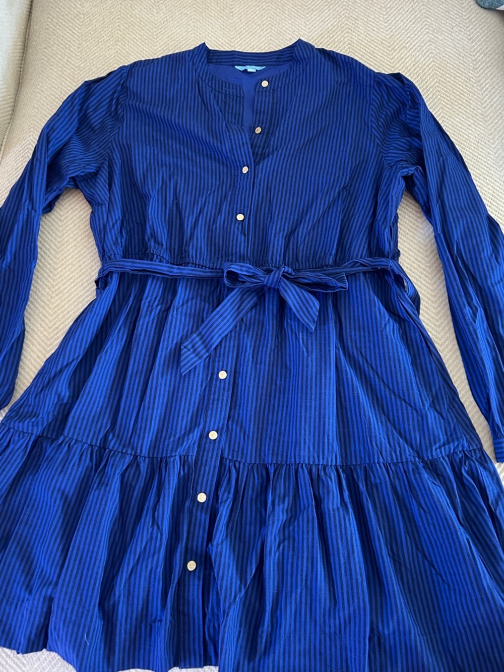 Draper James Royal Blue Striped Long Sleeve Tiered Button Dress